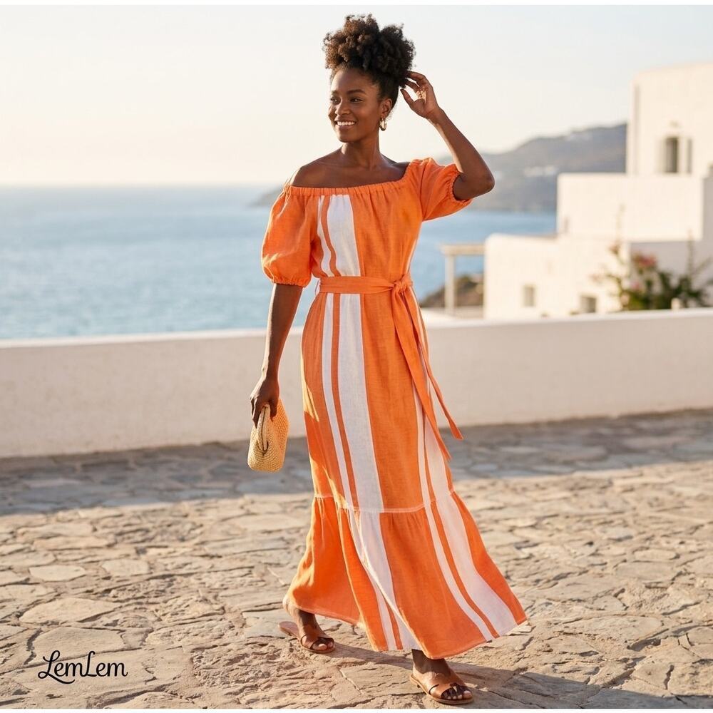 LemLem Hand Crafted Zoya Orange Stripe Maxi Short Sleeve Beach Dress Small NEW
